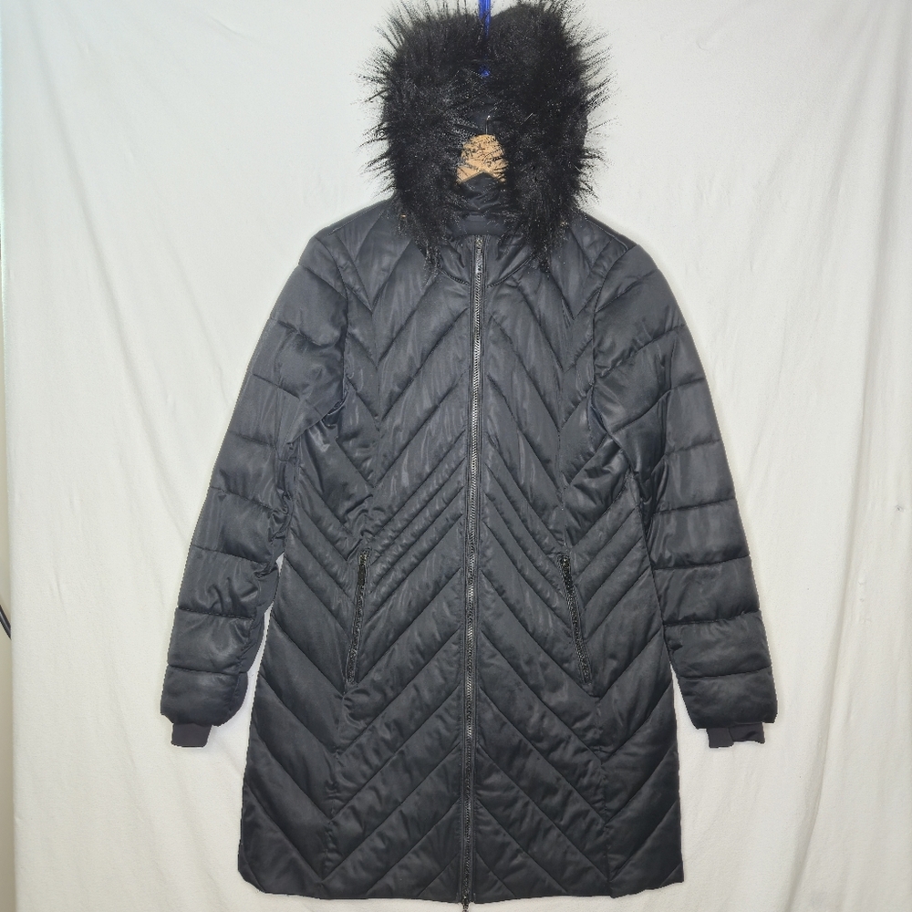 Etage Denmark Ladies Black Long Coat With Detachable Faux Fur Hood Size Medium
